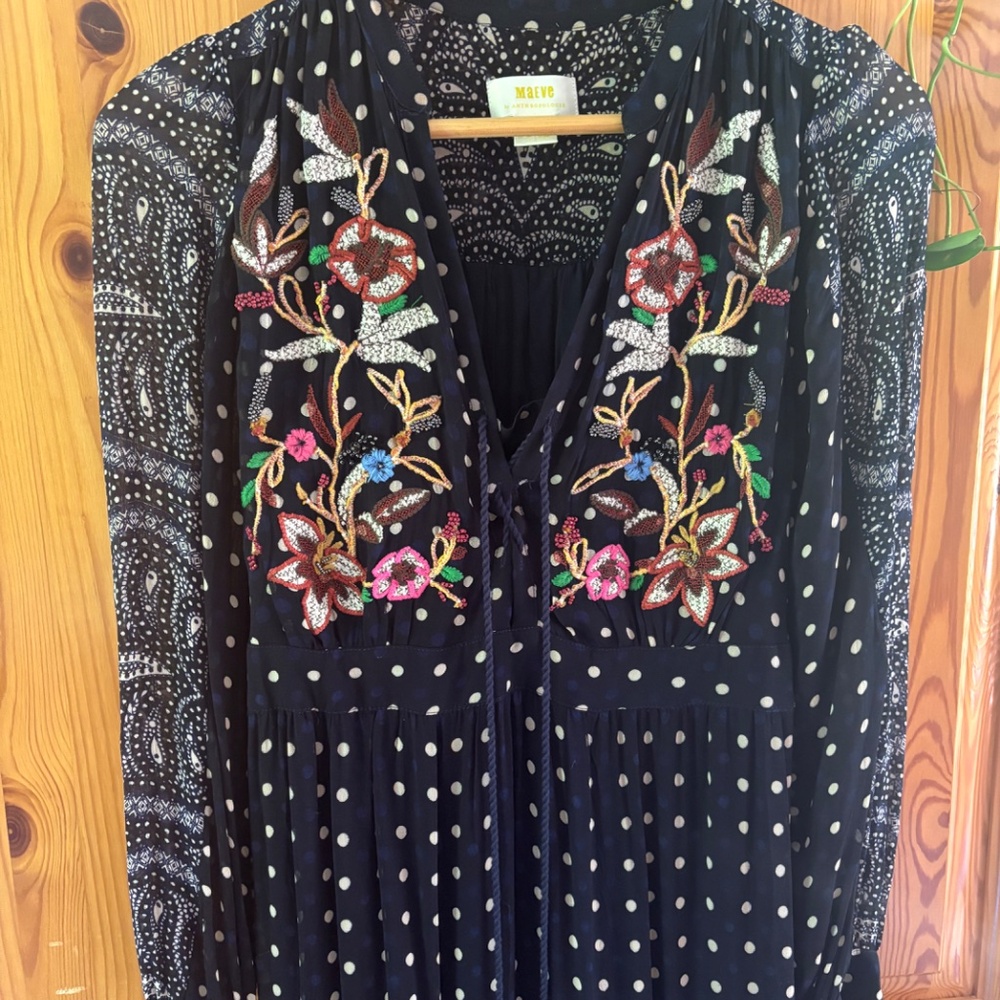 Maeve by Anthropology Cassidy Dress Navy Polka Dot Embroidered Flower Size 2 - Picture 3 of 6